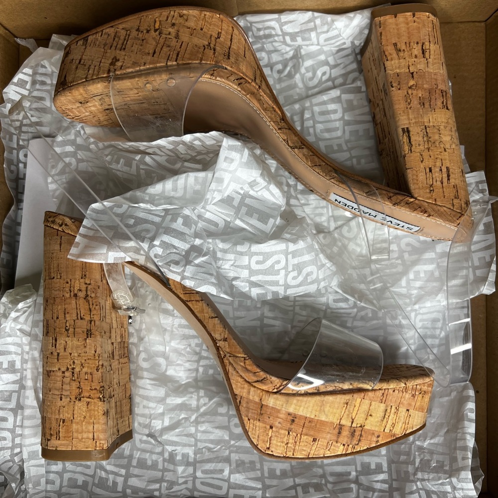 STEVE MADDEN Lessa Clear/Cork Heels